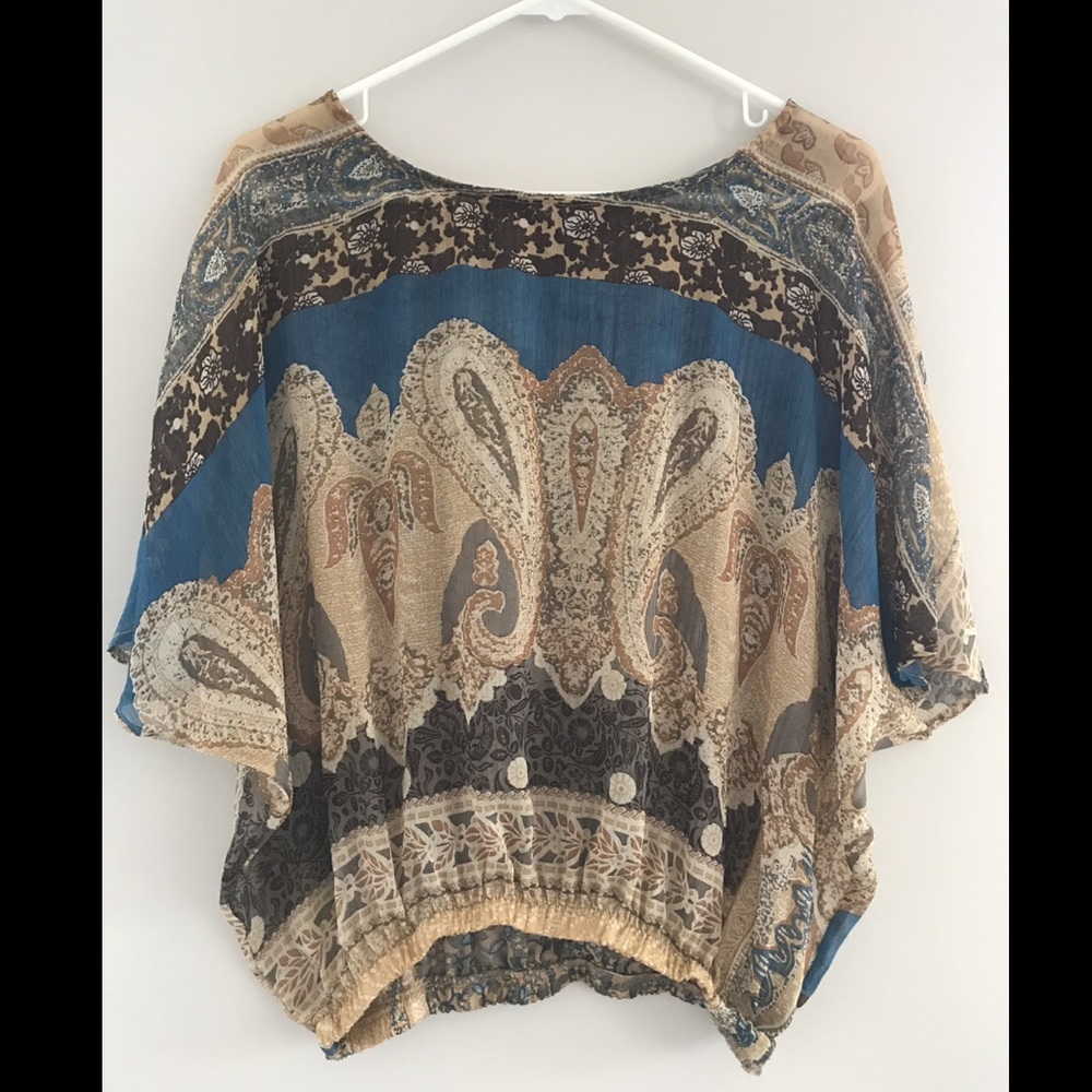 Blue and tan printed blouse